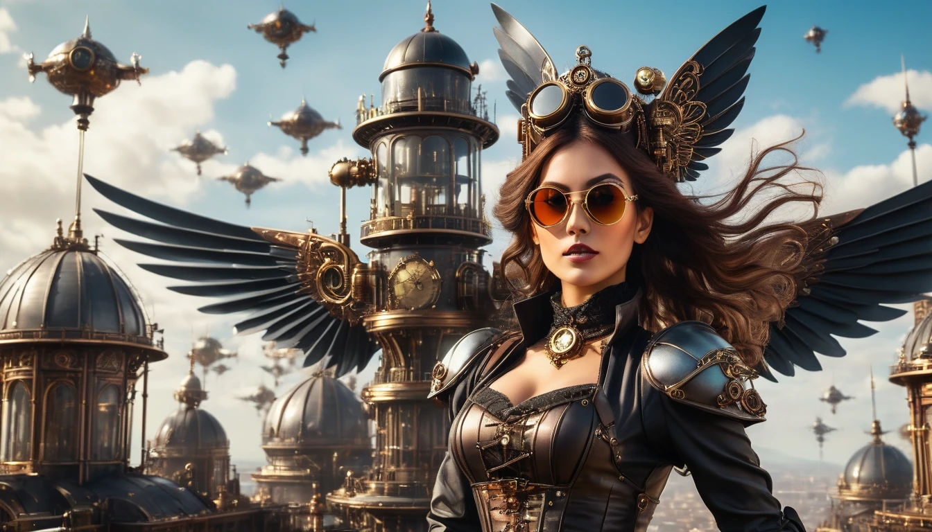 A vibrant outdoor steampunk scene set against a bright sky, featuring a striking female character wearing an elegant, futuristic steampunk-inspired outfit. She dons metallic, intricately designed mechanical wings, a choker, and stylish sunglasses, exuding confidence and strength. Her dress combines Victorian aesthetics with sleek, modern materials, highlighting exposed mechanical components. The background features grand domed structures with metallic finishes, bustling crowds, and large airships hovering in the distance, evoking a sense of adventure and innovation in a retro-futuristic world. The overall atmosphere is dynamic, sunny, and bold, with intricate details that enhance the steampunk fantasy