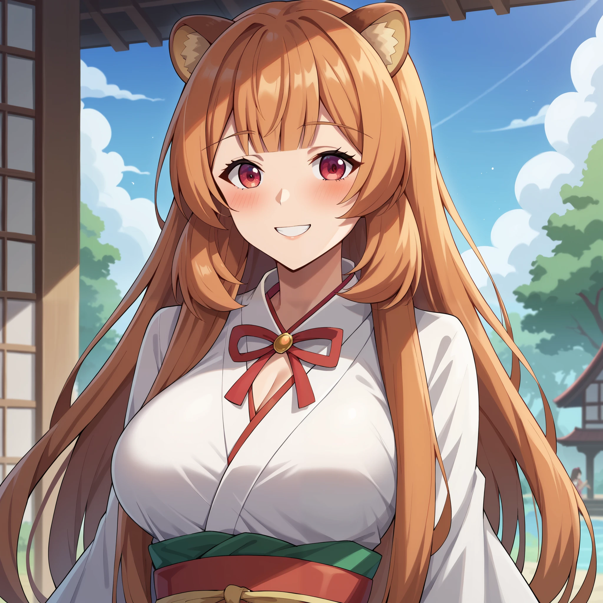 Raphtalia ,Bright orange hair , red eyes like rubíes, bear ears, , big breasts. smile, blush, big breasts, miko costume. , kimono white top red bottom , fondo arboles de cerezo. pétalos de cerezo cayendo.
