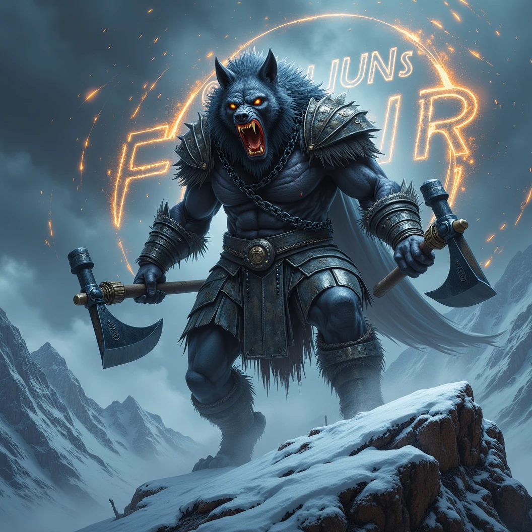 Large black werewolf donned in viking battle armor. Dynamically dual wielding large battle axes. stands like a guard at the peak of a snow covered mountain, looking over a dark snowfilled valley. Facing viewer. Roaring ferociously in to the valley below his snow covered peak. The wolf snarling and his eyes are fiery. His pelt is scarred and his body is wrapped in chains. A blizzard wails around him, blowing his thick black fur. Snow falling fast and being blown around. Fiery Norse runes appear in the sky behind him. The name "Cajun Fenrir" sketched in fiery letters between the runes in the sky. Dynamic movement, dynamic posing, High Resolution, Masterpiece, Cinematic, Depth Of Field, Image Fill, Floating particles 