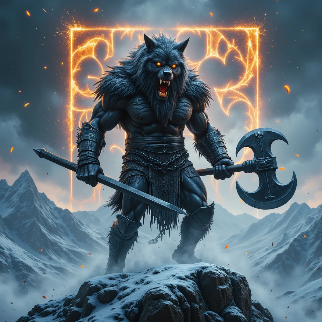 Large black werewolf donned in viking battle armor. Dynamically dual wielding large battle axes. stands like a guard at the peak of a snow covered mountain, looking over a dark snowfilled valley. Facing viewer. Roaring ferociously in to the valley below his snow covered peak. The wolf snarling and his eyes are fiery. His pelt is scarred and his body is wrapped in chains. A blizzard wails around him, blowing his thick black fur. Snow falling fast and being blown around. Fiery Norse runes appear in the sky behind him. The name "Cajun Fenrir" sketched in fiery letters between the runes in the sky. Dynamic movement, dynamic posing, High Resolution, Masterpiece, Cinematic, Depth Of Field, Image Fill, Floating particles 