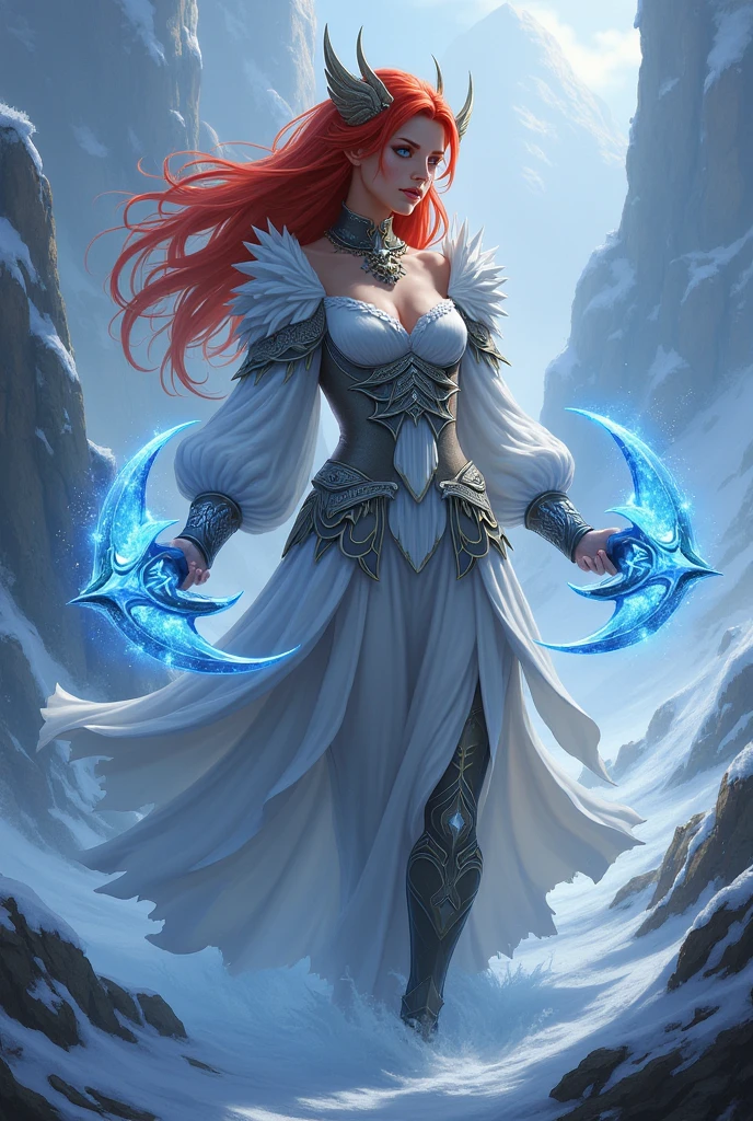 Fantasy Female sorceress, red hair, pale skin, ice tattoo, freckles, pale blue eyes