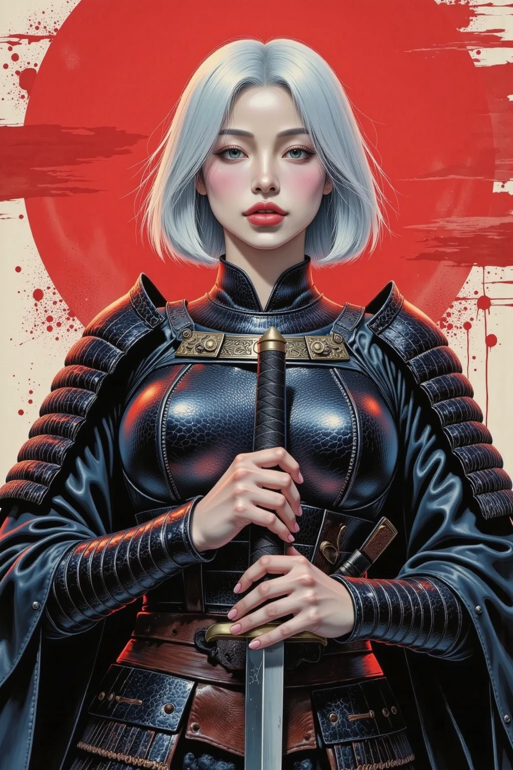 A female ronin, ornate samurai armor, seductive, direct gaze, short white hair, pale skin, both hands on the hilt of a katana, red light illuminating one side of face, female black and blue tones, bright red, red brush strokes sky, red brush strokes background, moody, blood splatter, ink art piece, dark, dynamic angle, poster, minimalistic, drkfnts style