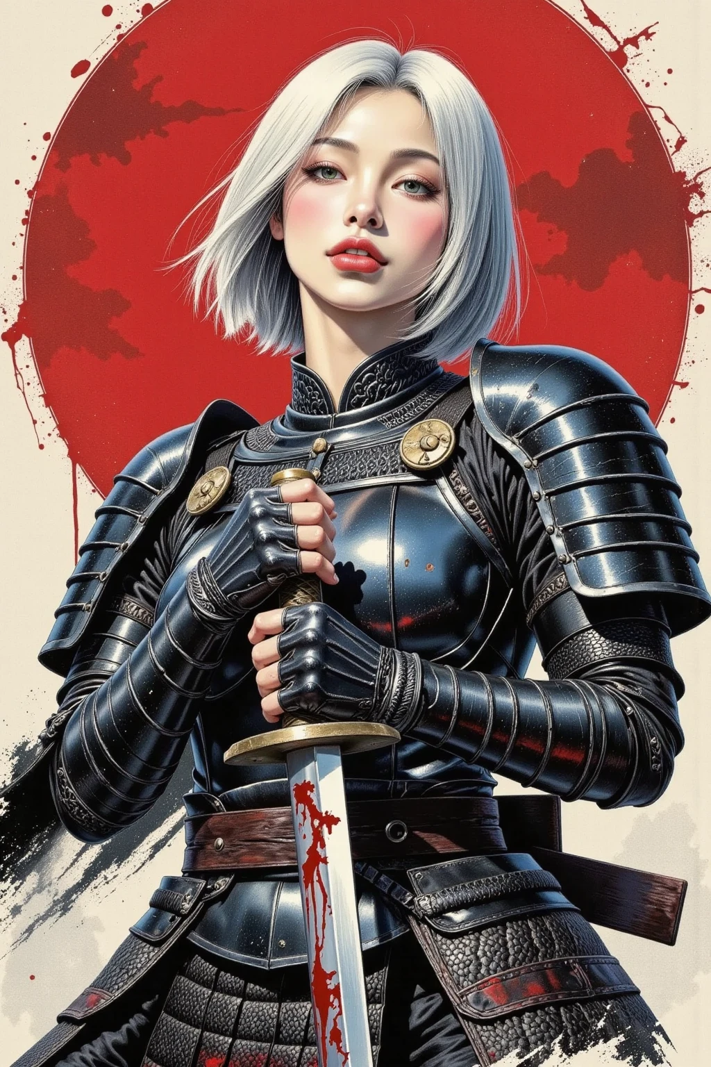 A female ronin, ornate samurai armor, seductive, direct gaze, short white hair, pale skin, both hands on the hilt of a katana, red light illuminating one side of face, female black and blue tones, bright red, red brush strokes sky, red brush strokes background, moody, blood splatter, ink art piece, dark, dynamic angle, poster, minimalistic, drkfnts style