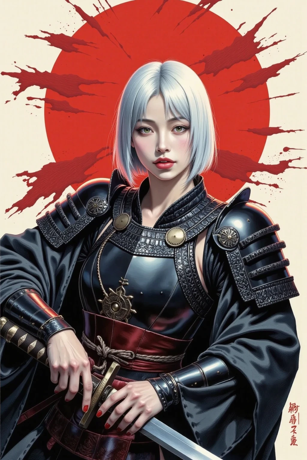 A female ronin, ornate samurai armor, seductive, direct gaze, short white hair, pale skin, both hands on the hilt of a katana, red light illuminating one side of face, female black and blue tones, bright red, red brush strokes sky, red brush strokes background, moody, blood splatter, ink art piece, dark, dynamic angle, poster, minimalistic, drkfnts style