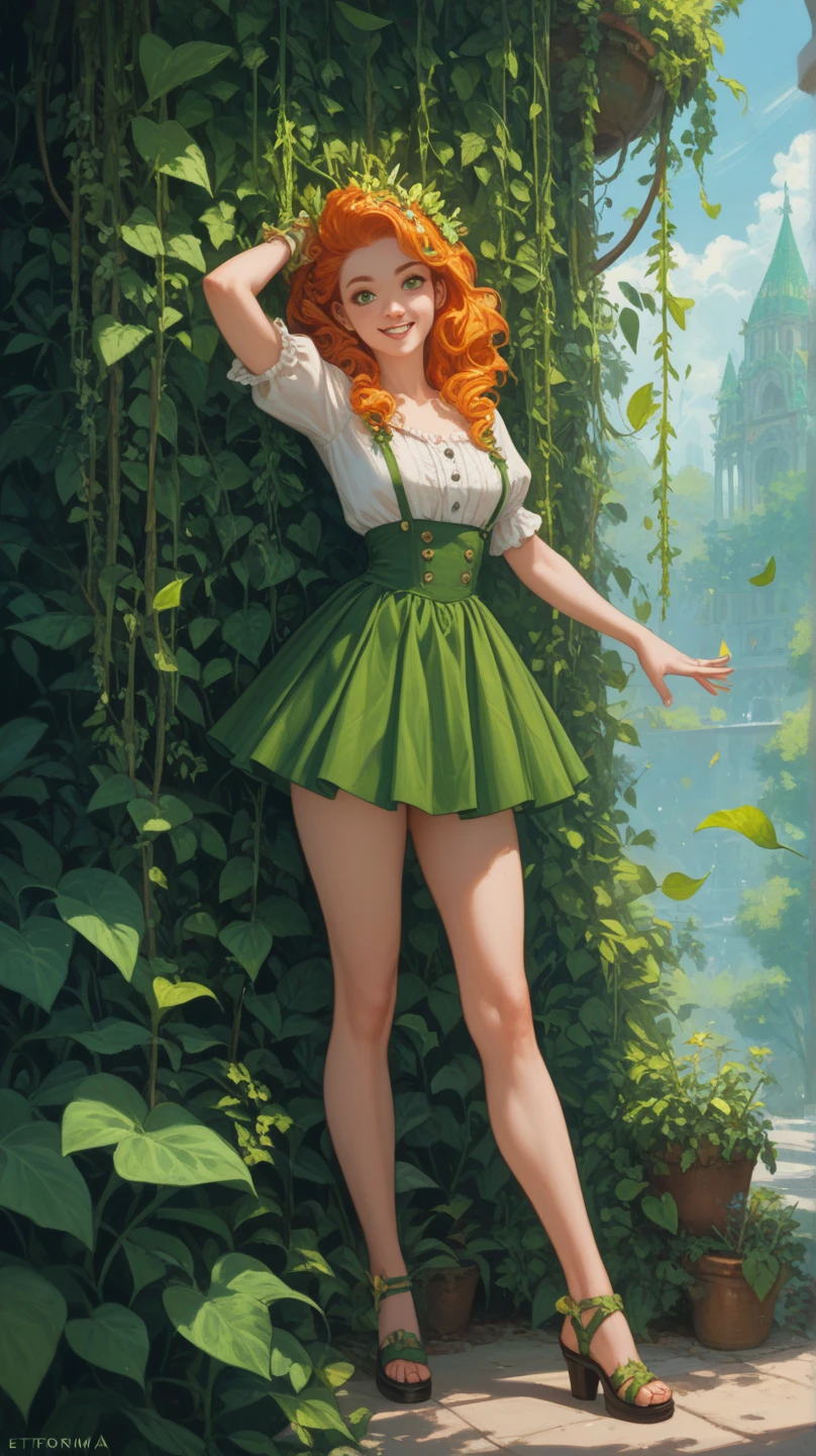 Create an image of an animated agenda character with little arms, legs, and eyes. The agenda is green and yellow in color, with plant-like hair growing from its top. The hair should resemble leaves or vines, adding a natural, whimsical touch. The character has a cute, playful expression, standing in a lively pose. The background should be a bright green, with a chroma key style, creating a vibrant and surreal atmosphere.