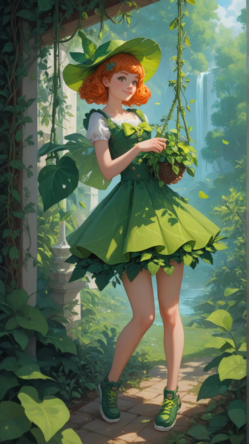 Create an image of an animated agenda character with little arms, legs, and eyes. The agenda is green and yellow in color, with plant-like hair growing from its top. The hair should resemble leaves or vines, adding a natural, whimsical touch. The character has a cute, playful expression, standing in a lively pose. The background should be a bright green, with a chroma key style, creating a vibrant and surreal atmosphere.