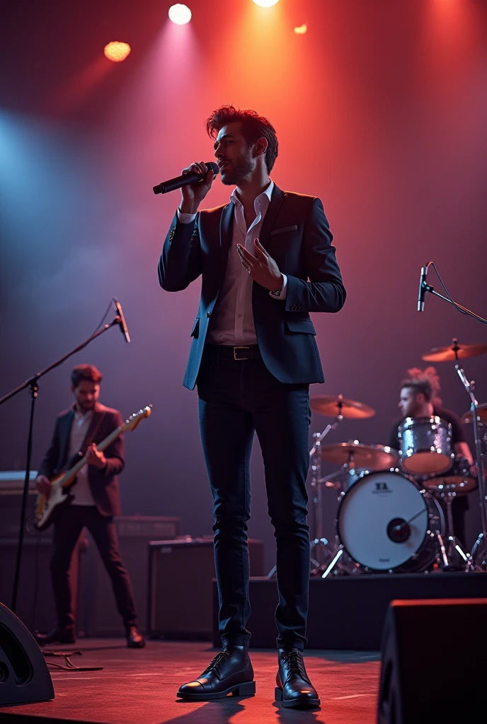 a full body man singing into the microphone