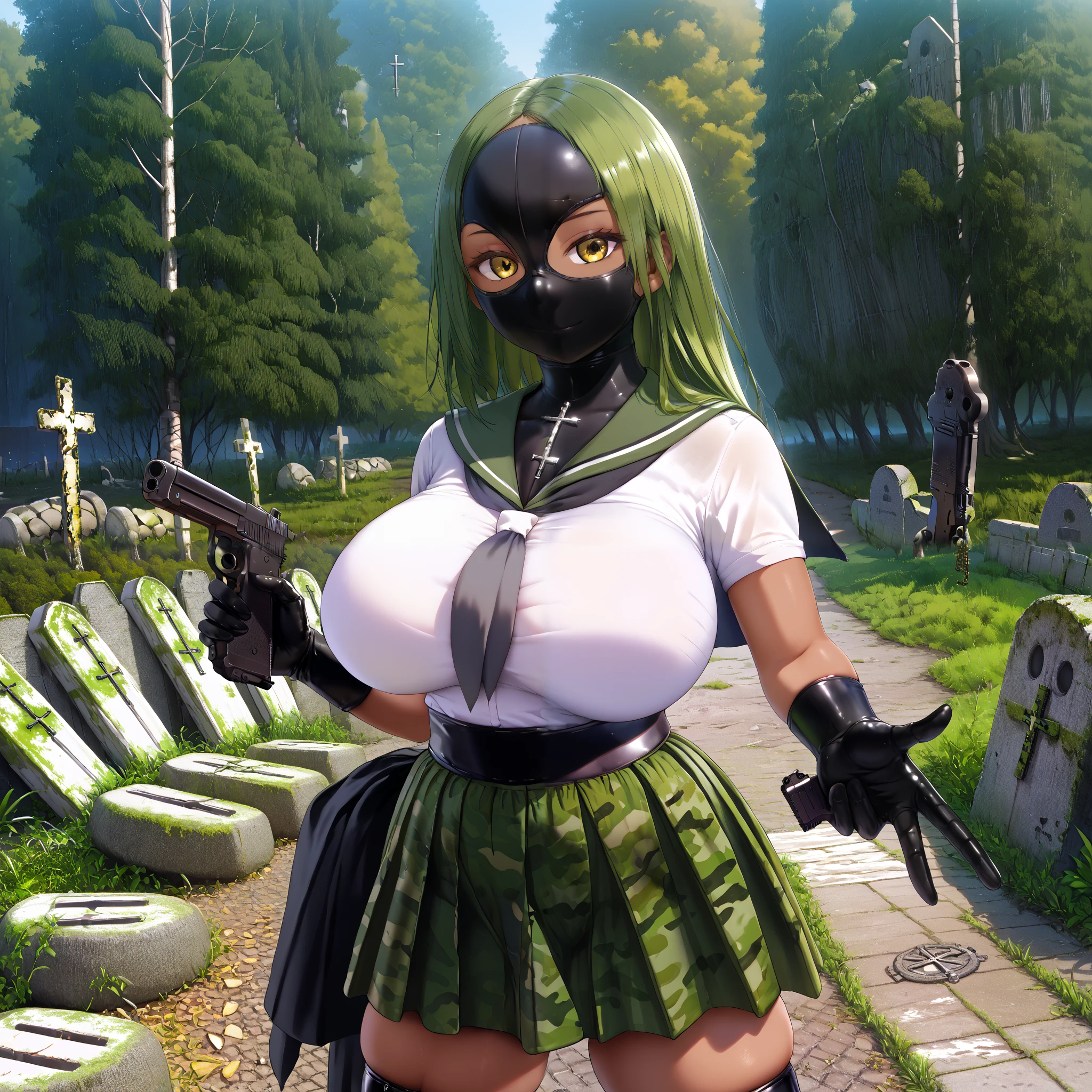 1 girl,(master piece,hires, ultra detailed,8K,16K),look at viewer,smiling, fullheadmask, black latex, mask covering entire head, no hair, skinhead,upper body,outdoor,yellow eyes,serafuku,white shirt, ((holding black pistol)), Glock, military gun, action pose, very stylish, goth clothing, latex gloves, black heel boots, graveyard, shiny silver crucifix chain, brown skin, large breasts,midwest, forest, green mossy oak camouflage background, lots of large crucifix gravestones, side pose, pointing gun forward, fashion, camouflage skirt, pointing gun at viewer, fisheye lens, halftone dot texture, zoom out so entire body is visible, realistic gun,