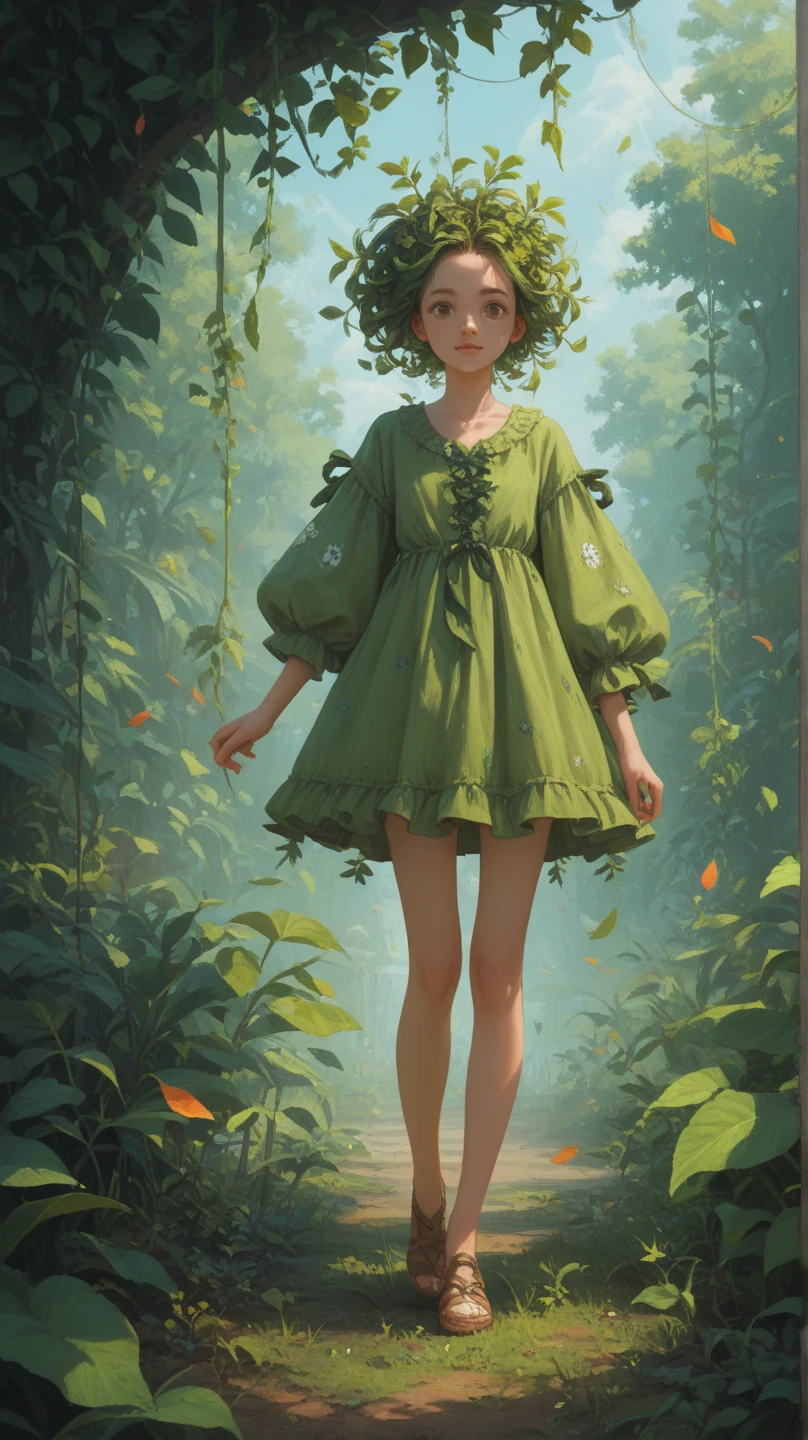 Create an image of an animated little book character with little arms, legs, and eyes. The agenda is green and yellow in color, with plant-like hair growing from its top. The hair should resemble leaves or vines, adding a natural, whimsical touch. The character has a cute, playful expression, standing in a lively pose. The background should be a bright green, with a chroma key style, creating a vibrant and surreal atmosphere.