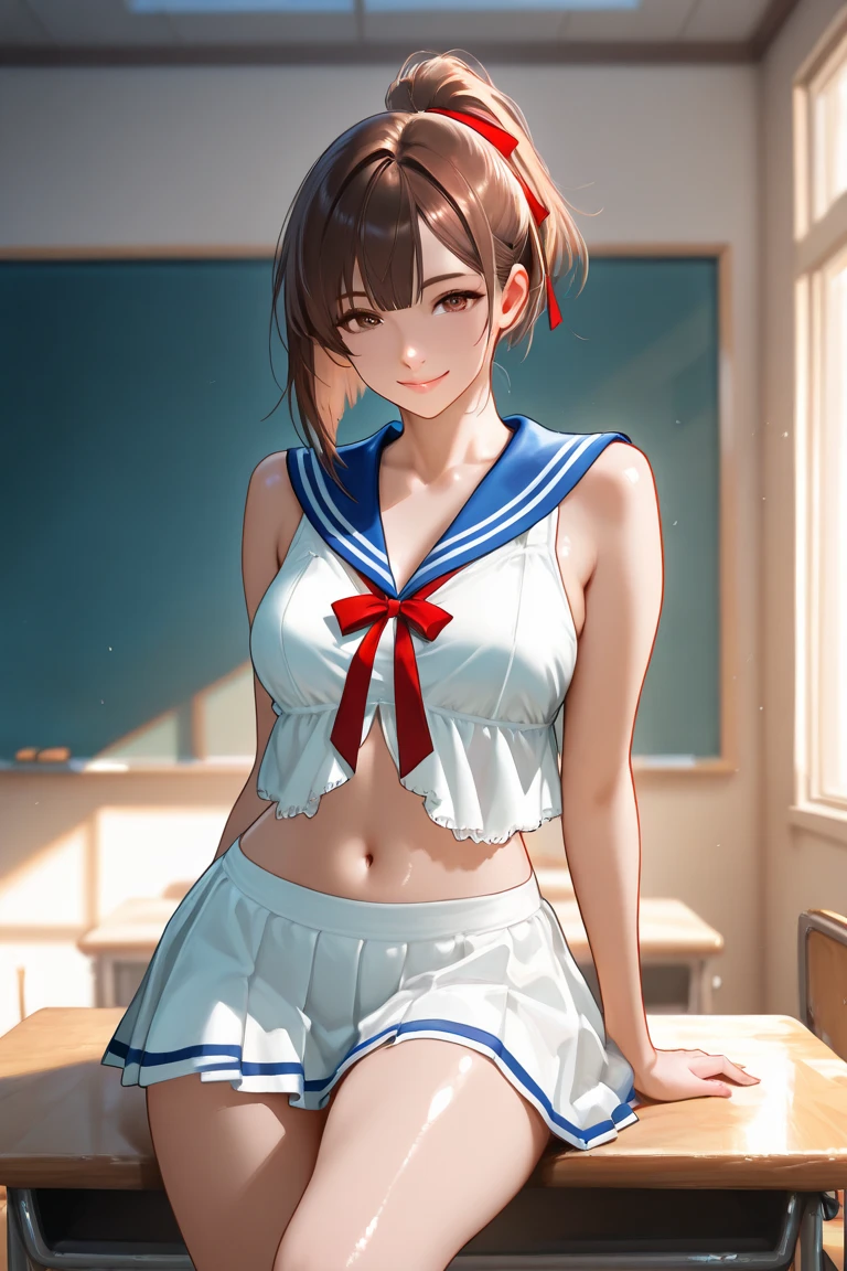 (masterpiece, best quality:1.2), 8k, official art, raw photo, incredibly absurdres, (sailor uniform, serafuku:1.4), (red collar:1.4),(red bangle:1.4),12 years old,(loli:1.1),highschool student,beautiful girl, pretty face, arch back, (navy pleated skirt:1.1), close up, , short sleeve, (short pony tails:1.1),gardenia, violaceaess, teen, classroom, looking at viewer, no makeup, film grain, chromatic aberration, sharp focus, facelight, dynamic lighting, cinematic lighting, detailed eyes and face, bokeh background,(cowboyshot:1.3),(small brests:1.2),(skinny:1.2),(smile:1.2),(school white swimsuit:1.5),(fullnude:1.5),(show pussy:1.0),