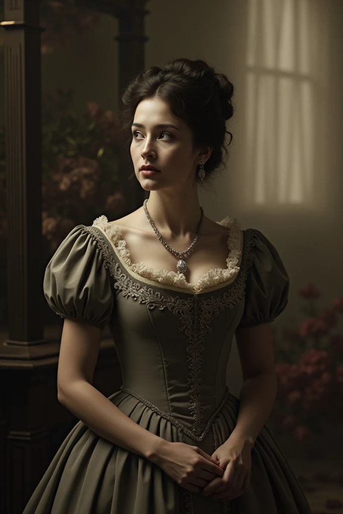 indiravarma, a woman , long dress, sitting, curvy short hair, full body view