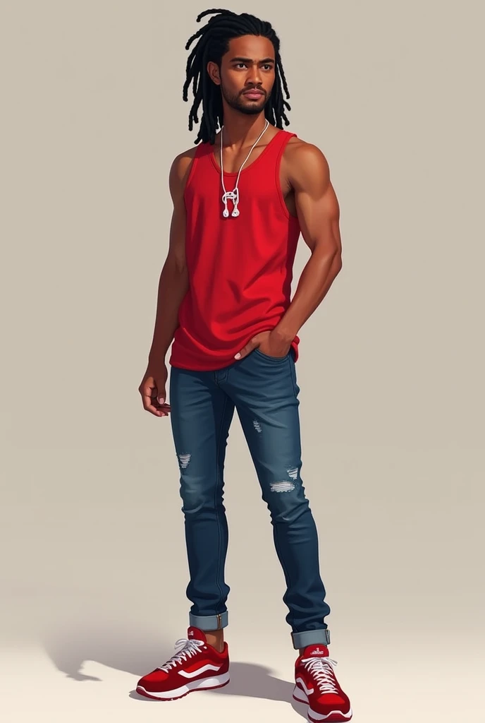  Orphel Silva is a 21 year old , with 1,72m high.  He has long, black hair ,  usually attached to a ponytail ,  intense dark blue eyes and brown skin.  His style is casual and striking : He wears a red tank top ,  jeans and red shoes with white details that complement the look. Furthermore, Orphel always carries earbuds hanging around the neck ,  adding a relaxed and modern touch to its look .