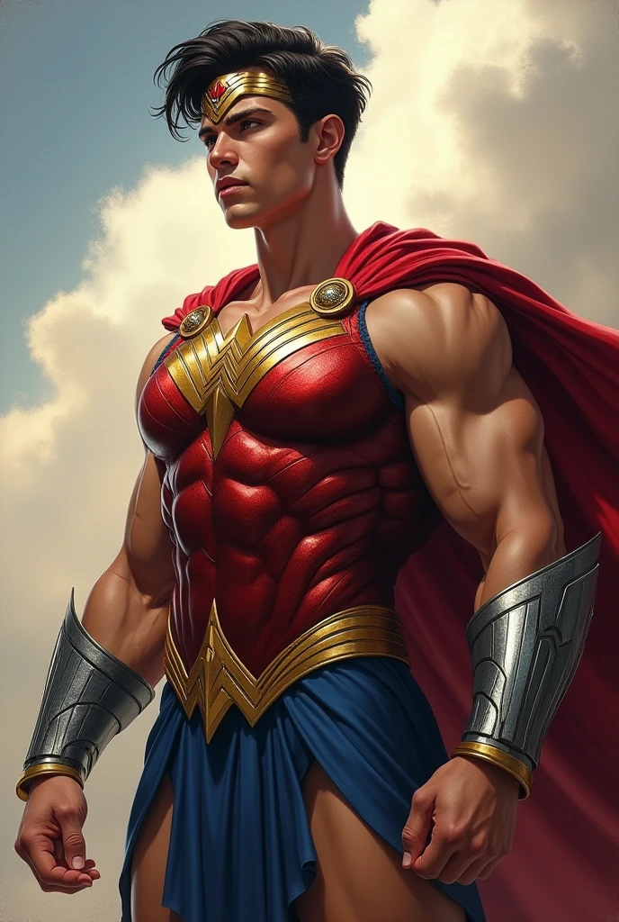 (muscular cute beautiful young boy Arion), huge strong biceps volume, enormous round exposed chest muscles volume, strong muscular legs, exposed abs skin, tight blue trunks, red cape, huge cock bulge, mountains background, wavy hair, oiled up reflective skin, sexy body