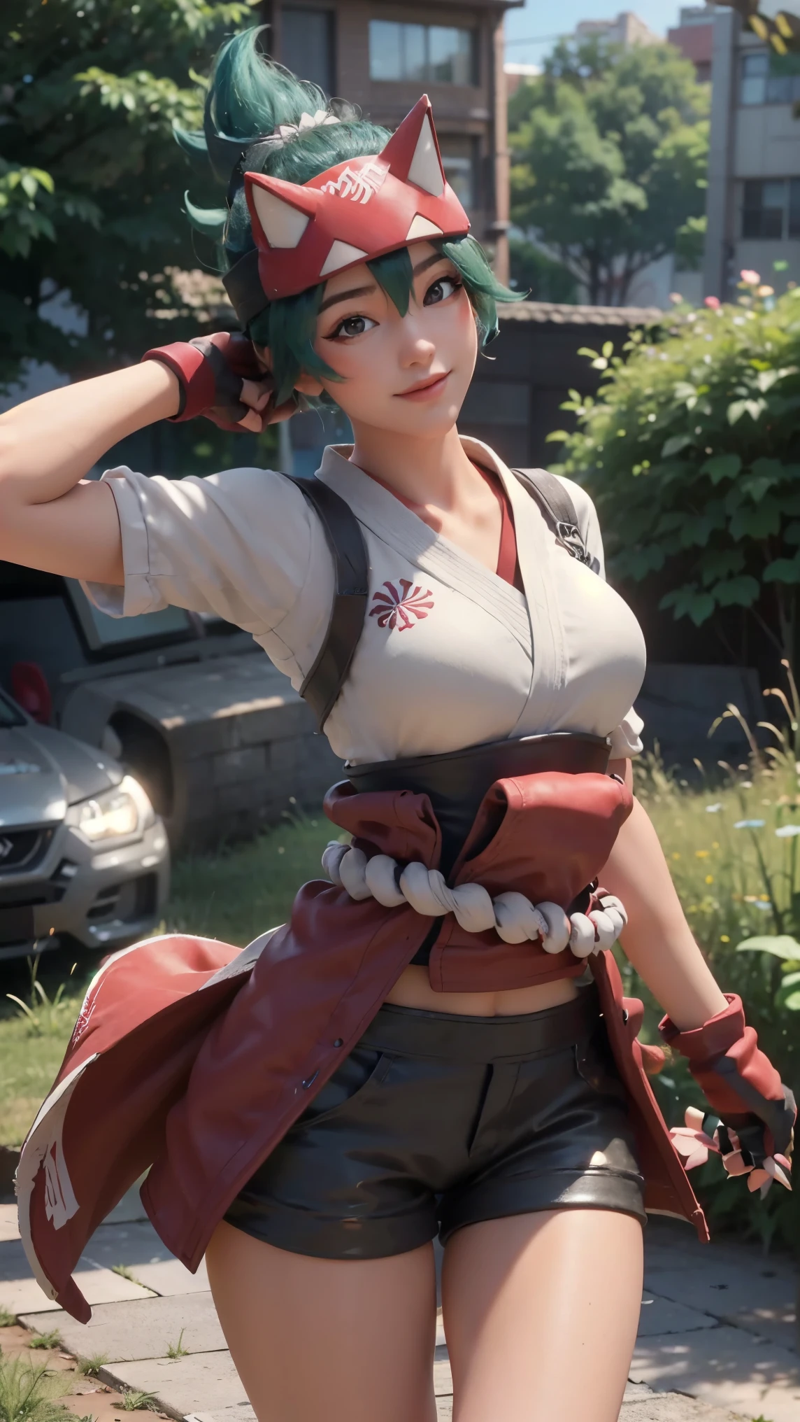 Kiriko,(best qualityer,4K,8k,high resolution,work of art:1.2)(weather: cloudy), mech facility background, mech garden, white cropped kimono top, elbow long sleeves, kimono corset, tight micro shorts, mechanic gloves, mechanic harness, mechanic boots, eyeliner, short wavy hair, green hair, ultra detailed, realistic, portrait,beautiful detailed hazel brown eyes, glowing eyes,blush,beautiful detailed lips,extremely detailed eye and face, long eyelashes, sexy,average, large breasts,beaming smile, sexy smile,powerful girl, heroic pose, stunning curves,bright coloured,dramatic lighting, fox spirits,