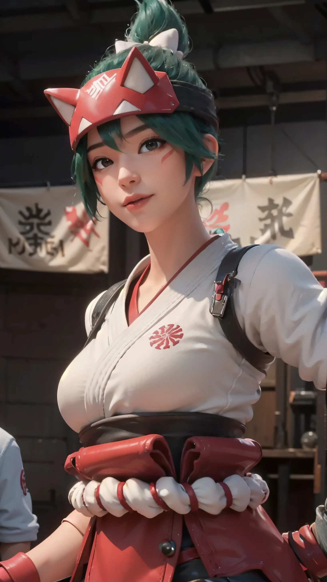 Kiriko,(best qualityer,4K,8k,high resolution,work of art:1.2)(weather: cloudy), mech facility background, mech garden, white cropped kimono top, elbow long sleeves, kimono corset, tight micro shorts, mechanic gloves, mechanic harness, mechanic boots, eyeliner, short wavy hair, green hair, ultra detailed, realistic, portrait,beautiful detailed hazel brown eyes, glowing eyes,blush,beautiful detailed lips,extremely detailed eye and face, long eyelashes, sexy,average, large breasts,beaming smile, sexy smile,powerful girl, heroic pose, stunning curves,bright coloured,dramatic lighting, fox spirits,