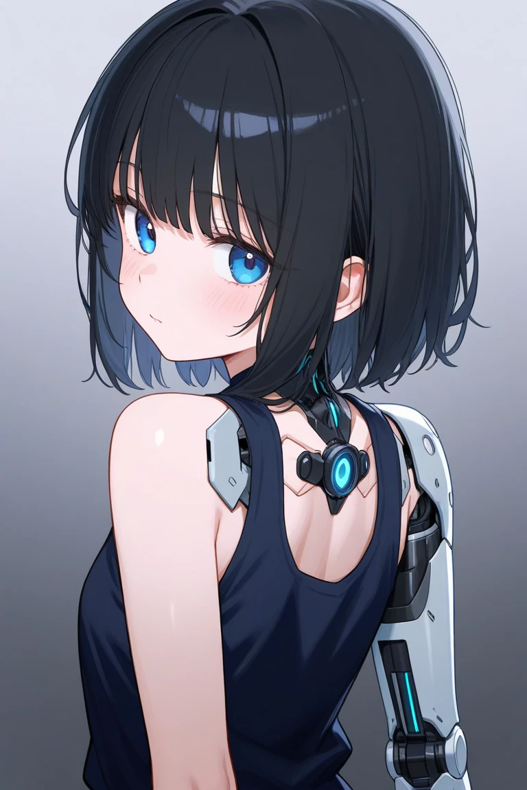 Girl, long black hair, blue eyes, bionic arm