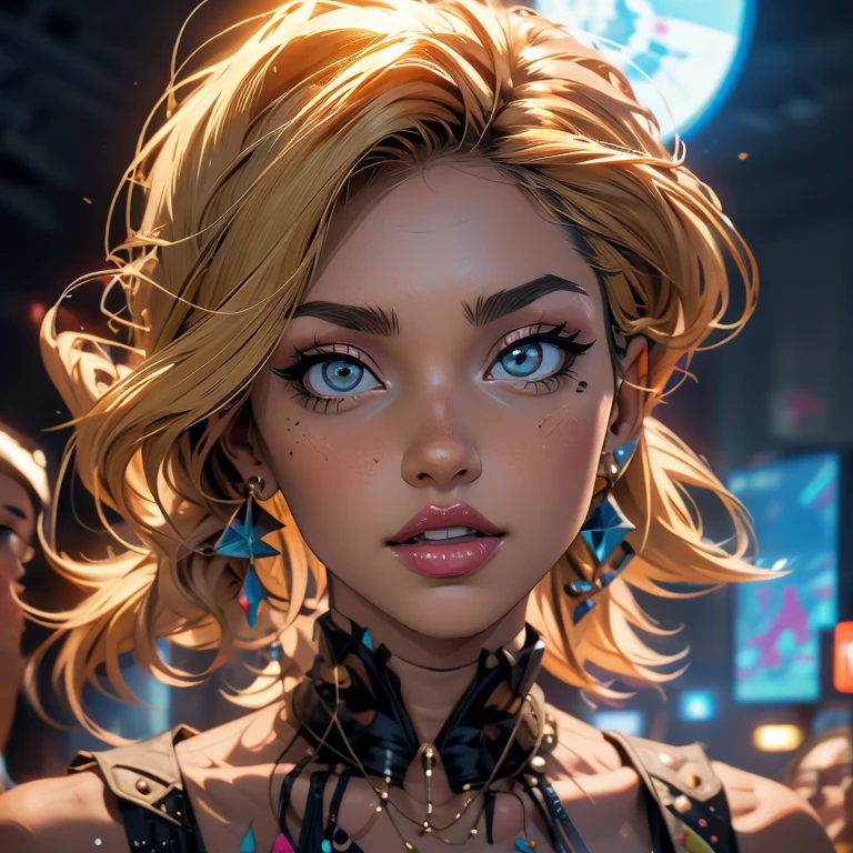 (beautiful busty bimbo woman), light skin, (caucasian:1.5), with cyan hair, bare (laying in intricate bed:1.4), (pornstar pose:1.1), (cameltoe, camel toe:1.3), facing forward, looking at camera, front shot, (sfw:1.5), [(colorful explosion psychedelic paint colors:1.4)::0.2], smooth skin, big boobs, sexy, realistic, photo shoot, professional, high contrast, 1girl, solo, expressive look, light hazel eyes, detailed eyes, eyes by Ilya Kuvshinov style, sharp pupils, realistic pupils, highly detailed hair, short hair, straight hair, sleek and straight hair wide hips, glitter makeup, gloss lips, stud earrings, jewelry, perfect face, upper body, cleavage, breast focus, masterpiece, best quality, HDR, viewpoint, highest quality, sharp focus, 8k, abstract background, colorful background, skin pores, intricate skin texture, realistic skin, cold, dynamic lights, bokeh, glowing background