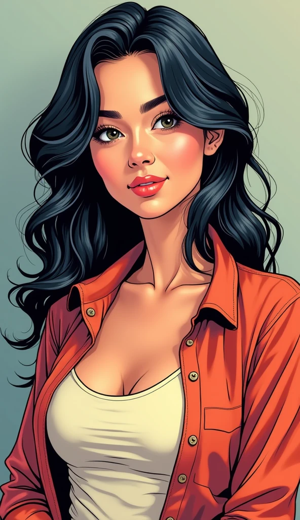 cartoon, vector illustration, no gradient, solid color fill, a beautiful indonesian girl, solo, (1girl:1.9), Long straight Black Hair, Brown Eyes, Almond shaped Eyes, Heart shaped Face, Roman Nose, Olive Skin, detailed skin, no makeup, natural look, imperfect skin, (athletic fit-muscled body:1.2), defined abs, 8k, highly detailed, soft light, (white background:1.2), full big smile, (red business suit and skirt:1.5), (holding coffee cup:1.9), full body view