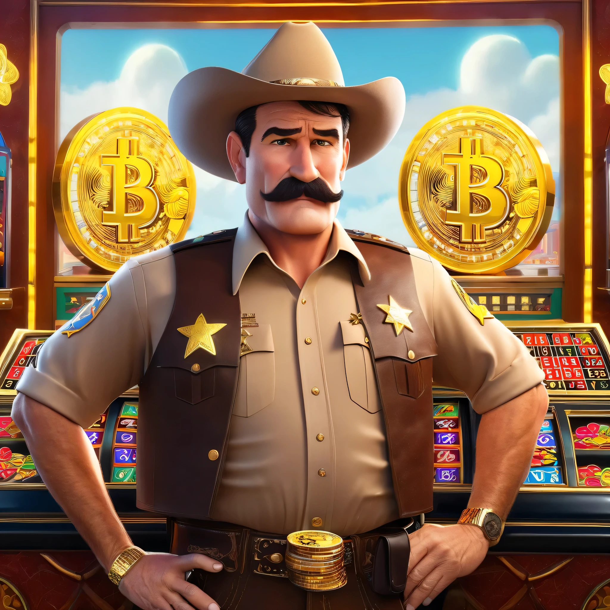 Draw for me , in the Pixar animation style, rich in detail:
1man Texas Sheriff , 35yers old, strong body, with a thick and respectable mustache , rich, carrying and Bitcoin gold, playing at a casino machine in Las Vegas fabulous