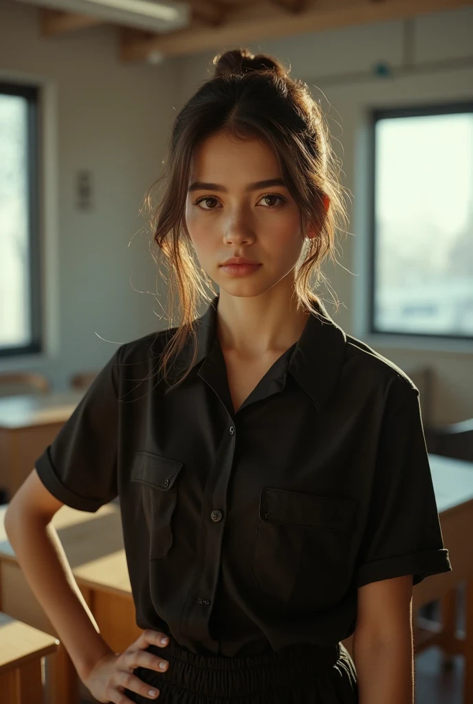 1girl, portrait of shot of re4ashley, athletic, black school uniform, white shirt, classroom, volumetric lighting, best quality, masterpiece, intricate details, tonemapping, sharp focus, hyper detailed, trending on Artstation, realistic,