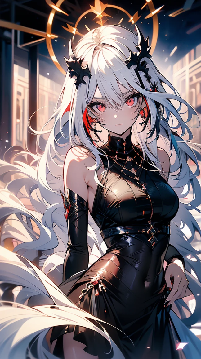 8k,High resolution RAW color art,Anime Art, (((Very detailed and cool))), Detailed skin, Blur、texture,(Exquisitely crafted, The finer details, Ultra-detailed art), (((1 girl))), Depth of written boundary, Silky Touch, Hyper Detail, (((Cool face))), eye shadow、Silver Marble Skin, Beautiful detailed red eyes, Beautiful lip detail, Very delicate face, Delicate depiction of hair and eyes, Detailed Fashion, Silver earrings,Silver Bracelet、Full body depiction, Black half top、(((Shoulder Bare)))、Black shorts、black waist cloak、black tights、 A little bit of grey hair, Ponytail Hair、Semi-long hair、(((Hair)))、water surface、silk clotheatte、Soft clothes