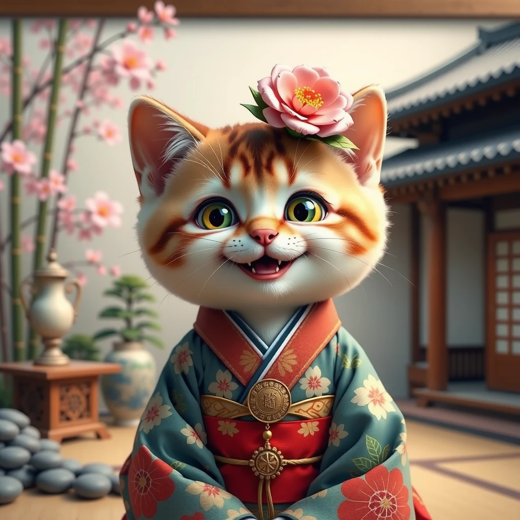 Put a camellia flower on your head、Wearing a Japanese kimono、Generate an image of a cute smiling cat。