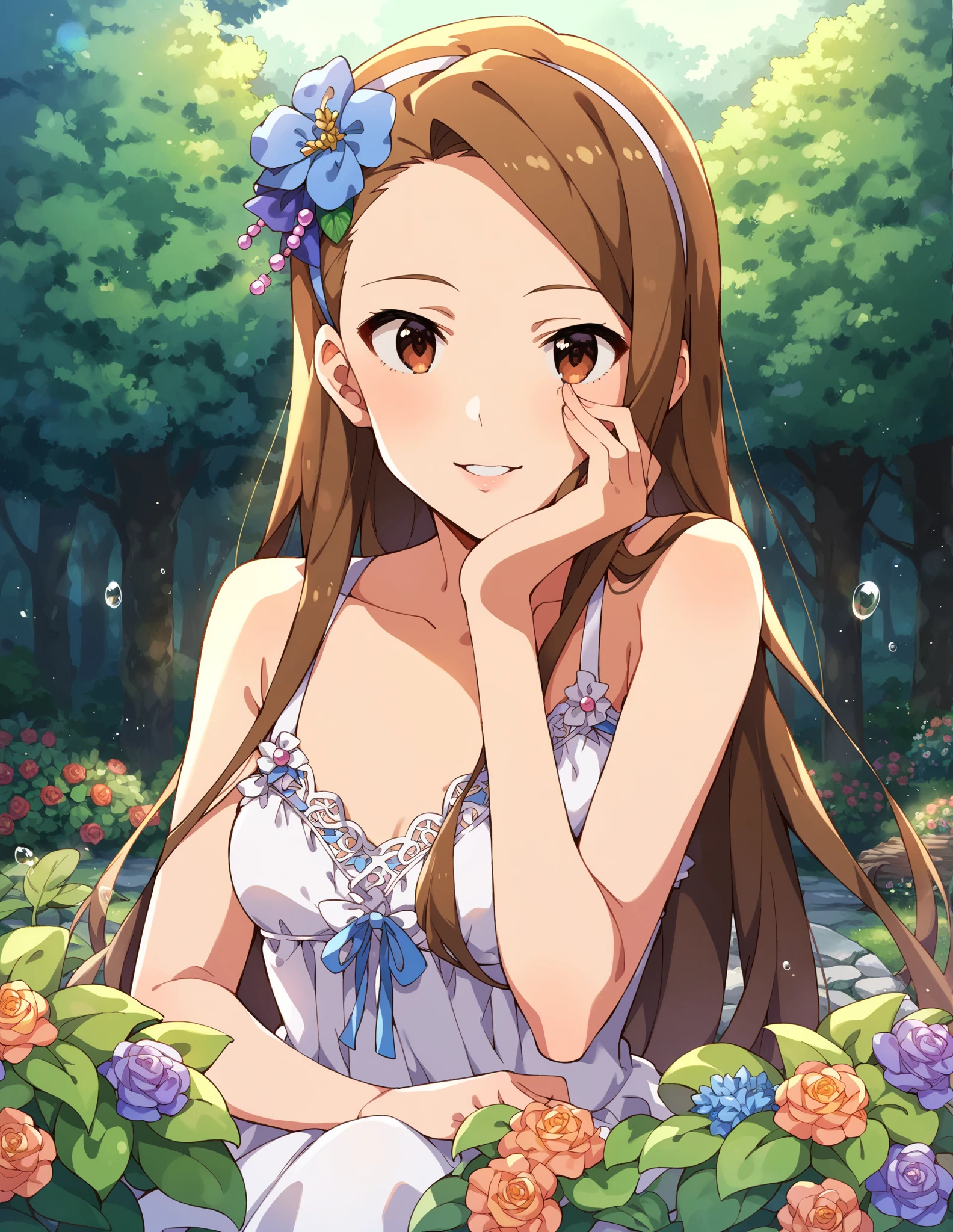 score_9, score_8_up, score_7_up, source_anime,
pinup of 1girl, solo, photo session, outdoors, in nature, tree, log, flower garden, summer, day, sunlight, 
joyful, smile, parted lips,  hand on own face, looking at viewer, 
mnsior, petite, longhair, brown hair, forehead,  brown eyes, hairband, small breasts, hair ornament, hair flower, 
white dress, lace trim, bare shoulders,