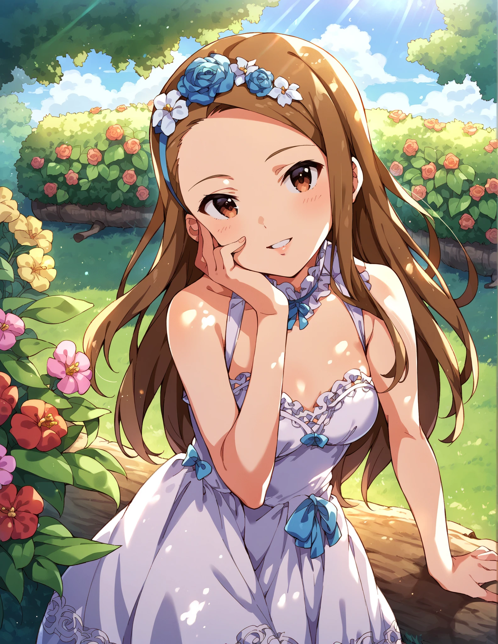 score_9, score_8_up, score_7_up, source_anime,
pinup of 1girl, solo, photo session, outdoors, in nature, tree, log, flower garden, summer, day, sunlight, 
joyful, smile, parted lips,  hand on own face, looking at viewer, 
mnsior, petite, longhair, brown hair, forehead,  brown eyes, hairband, small breasts, hair ornament, hair flower, 
white dress, lace trim, bare shoulders,