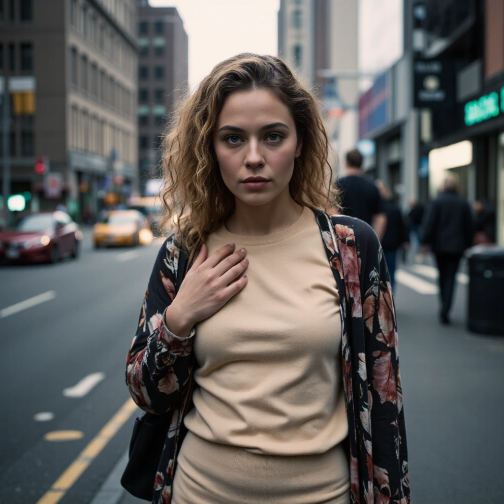 "Cinematic shot of a beautiful 25-year-old woman posing on a sidewalk in a large metropolis. She is blonde, with shoulder-length curly hair, bright green eyes fixed on the viewer, sensual lips, fair skin. She is wearing a beige, 80s-style, body-hugging sweatshirt with a long-sleeved printed blouse. She is posing on a busy sidewalk, outdoors, cloudy day, dark environment, with blurred composition, natural light, shallow depth of field, bright colors, wide shot."