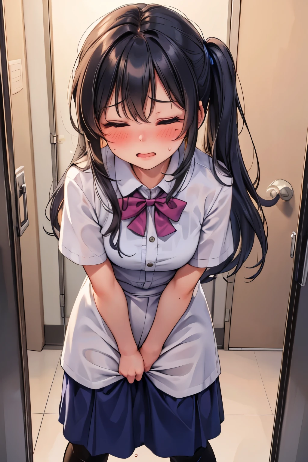 classroom, upskirt, sit astride, girl on top, very long twin tails, brown hair, ((school uniform)), wearing pink randoseru backpack, (randoseru backpack:1.0) ((creampie)), Crab crotch, Extensive_feet