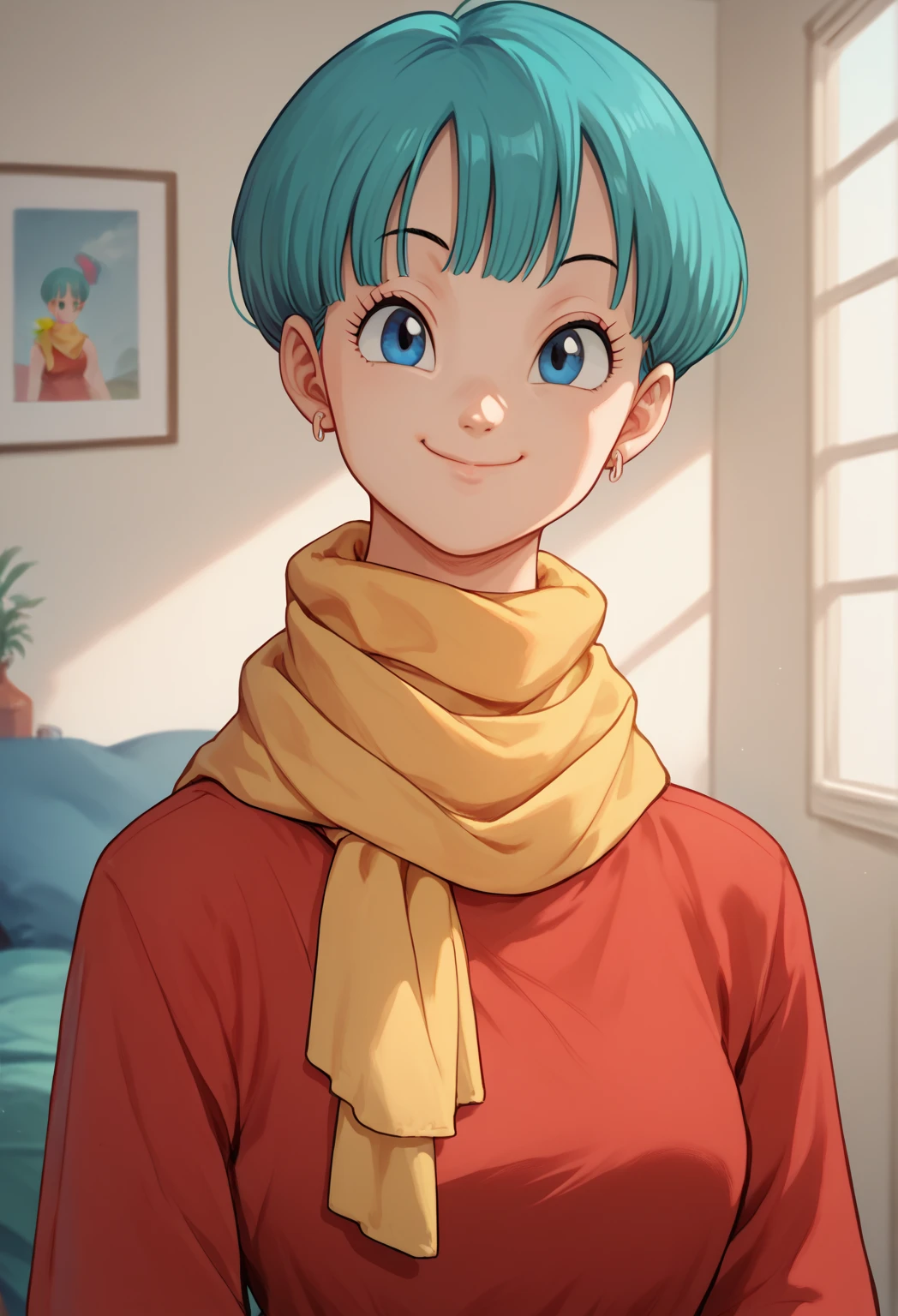 close up, portrait,
high quality, bulma, solo, indoors, bedroom, red dress, yellow scarf,smile,closed mouth, blue hair, blue eyes, looking at viewer,