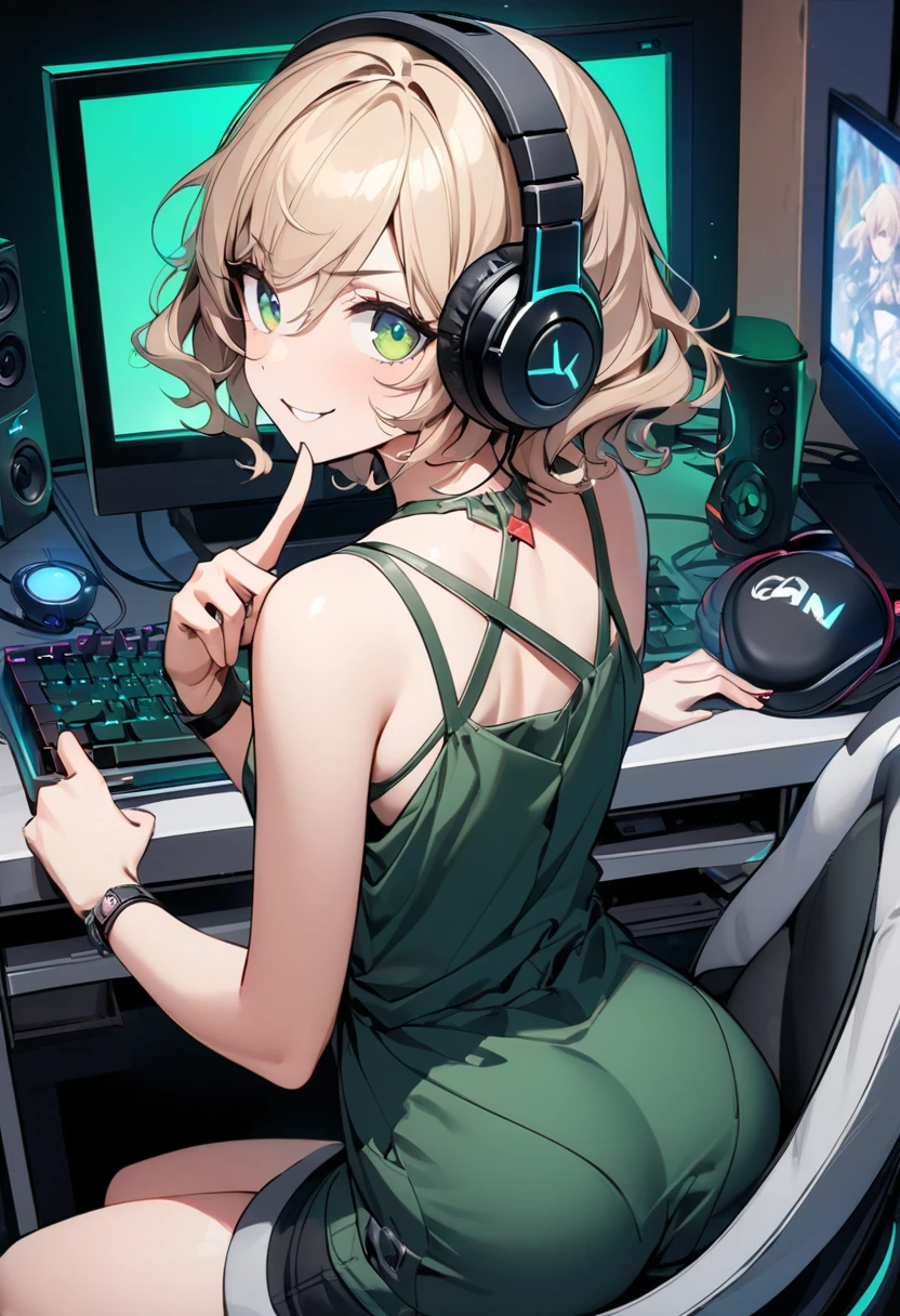 Playing video games in a beautiful but dark room with headphones on. From the side