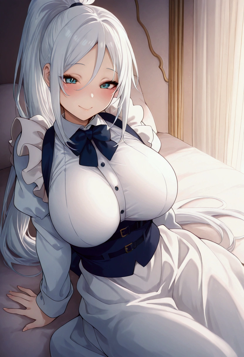 masterpiece, sylpha,Maid, white hair,long hair, ponytail style,, bang,, long hair,Big breast, ,smile,, blush,,smile,, details,perfect, details master pieces,high quality,, feminine, perfect,realistic, perfect lights, perfect lights,