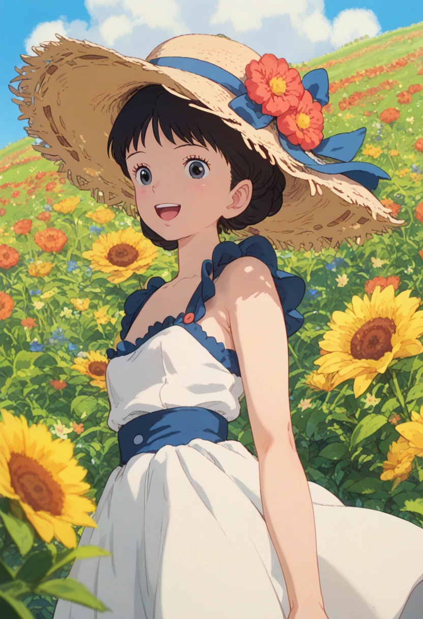 Flower field, looking far, happy, Ghibli, cute girl, hat, cute dress, small breasts, nipple slip, pantie shot, sexy, view from below 