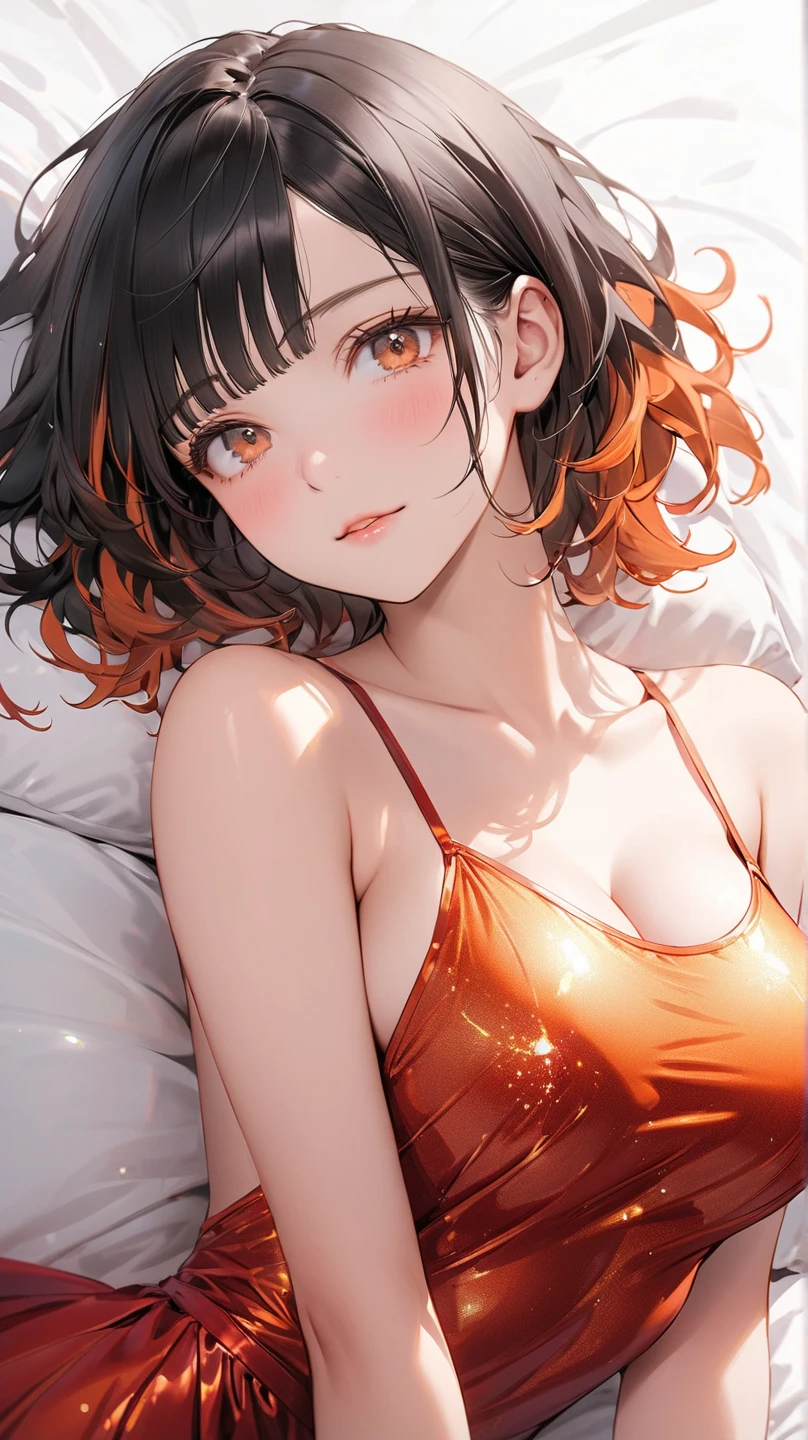 Amazing portrait of a sexy and cute girl with a short bob hairstyle and a seductive gaze who is blushing intensely with parted lips and is desperate and flustered and lustful wearing an off shoulder orange t shirt showcasing her bare shoulder while lying on bed