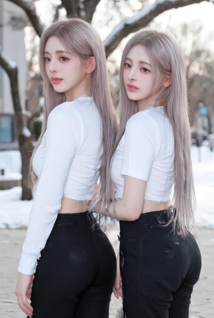 .masterpiece:1.2, best quality), realistic, (real picture, intricate details, depth of field), 2girls, outside in a winter park. Both with  light blue hair, slim toned body, small beast, medium sized butt, small waist, both wearing a white design crop top, both wearing leather leggings, back at viewer, smiling,