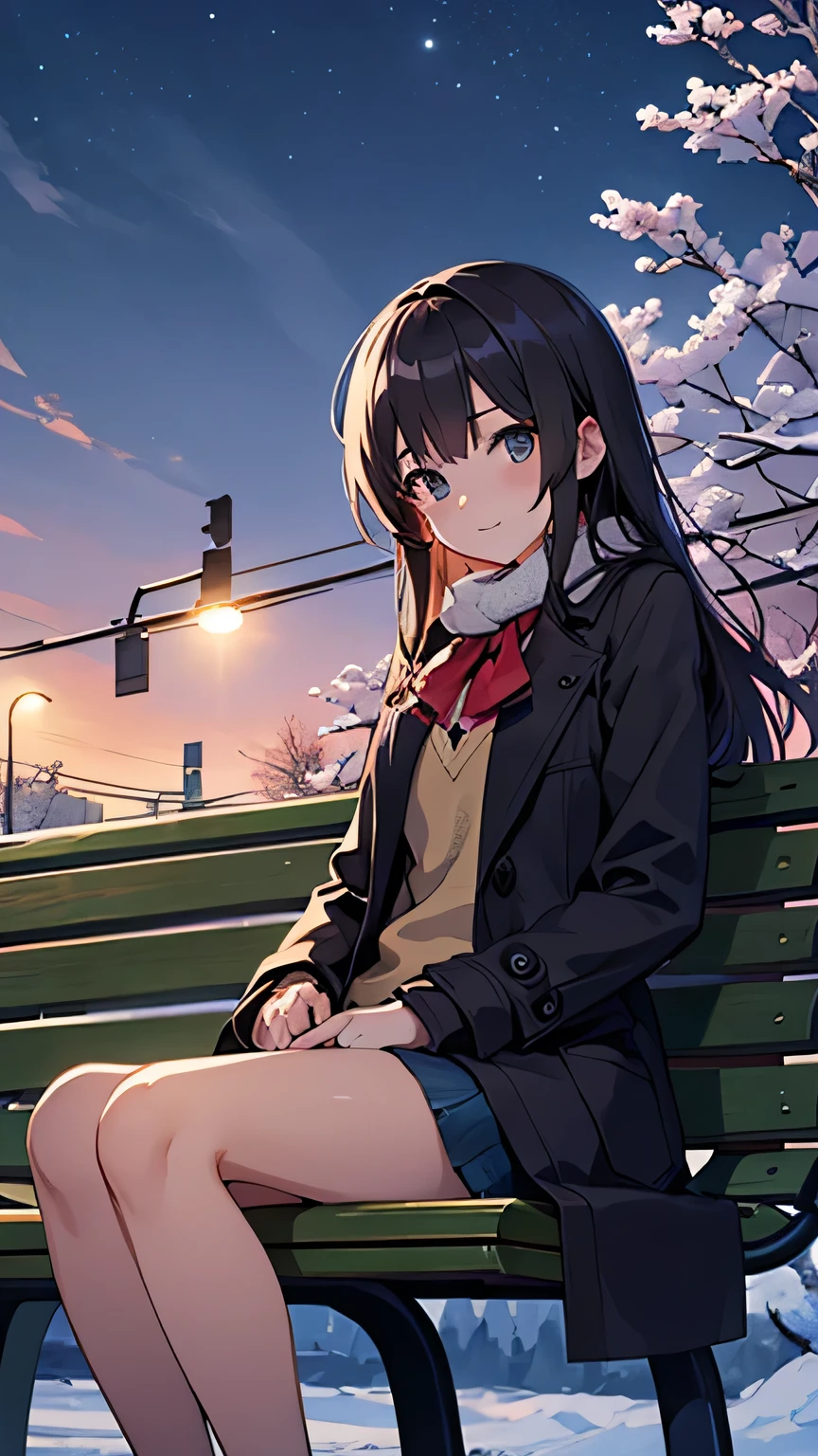 Beautiful CG illustration high school girl wearing a coat sitting on a bench in a winter park