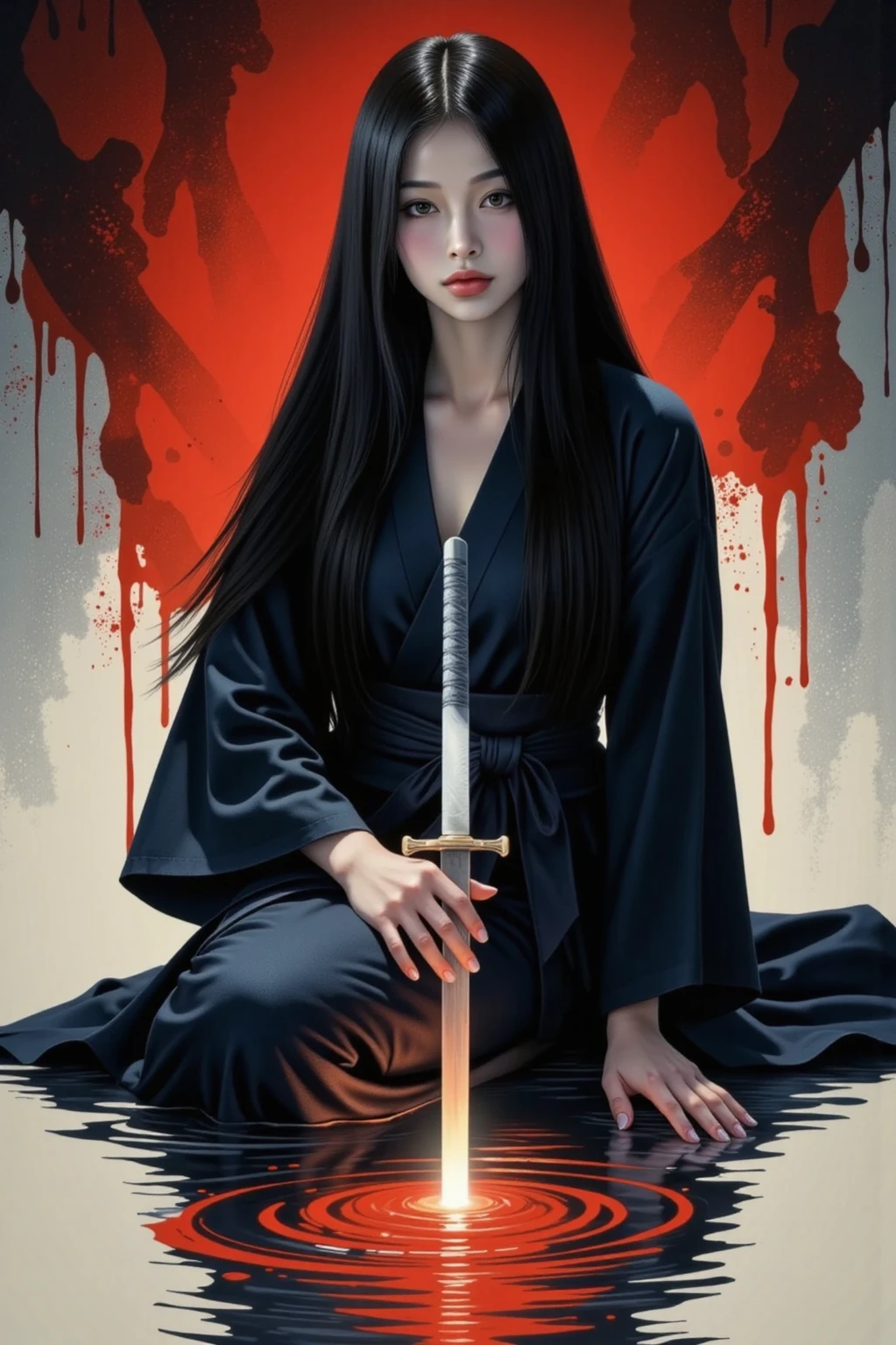 A alluring female, black haori, black hair, direct gaze, planted katana in a lake, sitting on glowing lake, reflections, light particles, soft lighting, silhouetted, chiascuro, dramatic and mysterious atmosphere, stylized fantasy-themed, red brush strokes background, moody, blood splatter, ink art piece, dark, dynamic angle, poster, minimalistic, drkfnts style