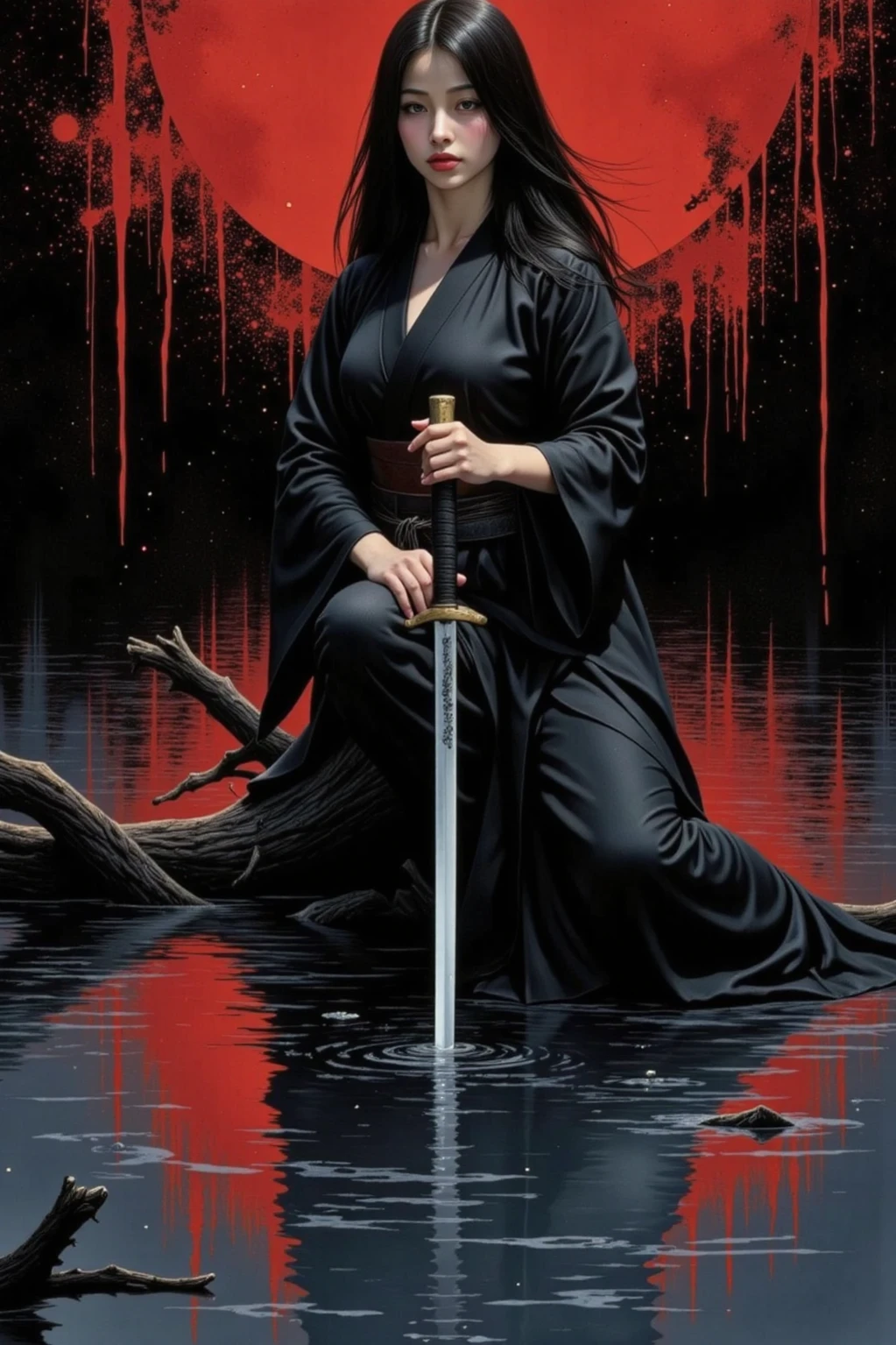 A alluring female, black haori, black hair, direct gaze, planted katana in a lake, sitting on glowing lake, reflections, light particles, soft lighting, silhouetted, chiascuro, dramatic and mysterious atmosphere, stylized fantasy-themed, red brush strokes background, moody, blood splatter, ink art piece, dark, dynamic angle, poster, minimalistic, drkfnts style