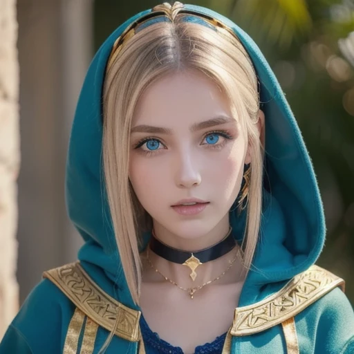 (Masterpiece,  best quality ),   intricate detail ,,  1 girl,     mouth, Multicolored Hair, blue eyes, Shark hair accessory,  golden hair ornament ,  gold choker,  gold bracelet,  keen teeth, Green,  blue hoodie,,  Greek clothing, Peplos,