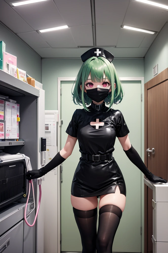 black nurse, 1 female, alone, black nurse cap, Black Wear, ((black legwear, zettai ryouiki)), black elbow gloves, amount, long hair, green hair, pink eyes, ((Black surgical mask, Covered nose)), Are standing, ((operating room)), sharp outline, short sleeve, mature woman, 35 years old, highest quality, masterpiece