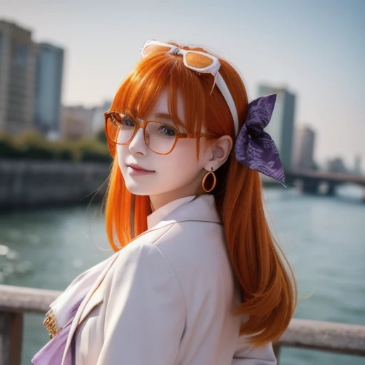  1 girl, Alone, Go to the river,  Orange Hair,  drill hair,  glasses on the head,  orange eyes,   jewelry, bow, white dress,   purple jacket, during,  earrings,  on my bed,  standing,  lower back,  look at the viewers,  close one eye,  smirking , Outdoors, city 