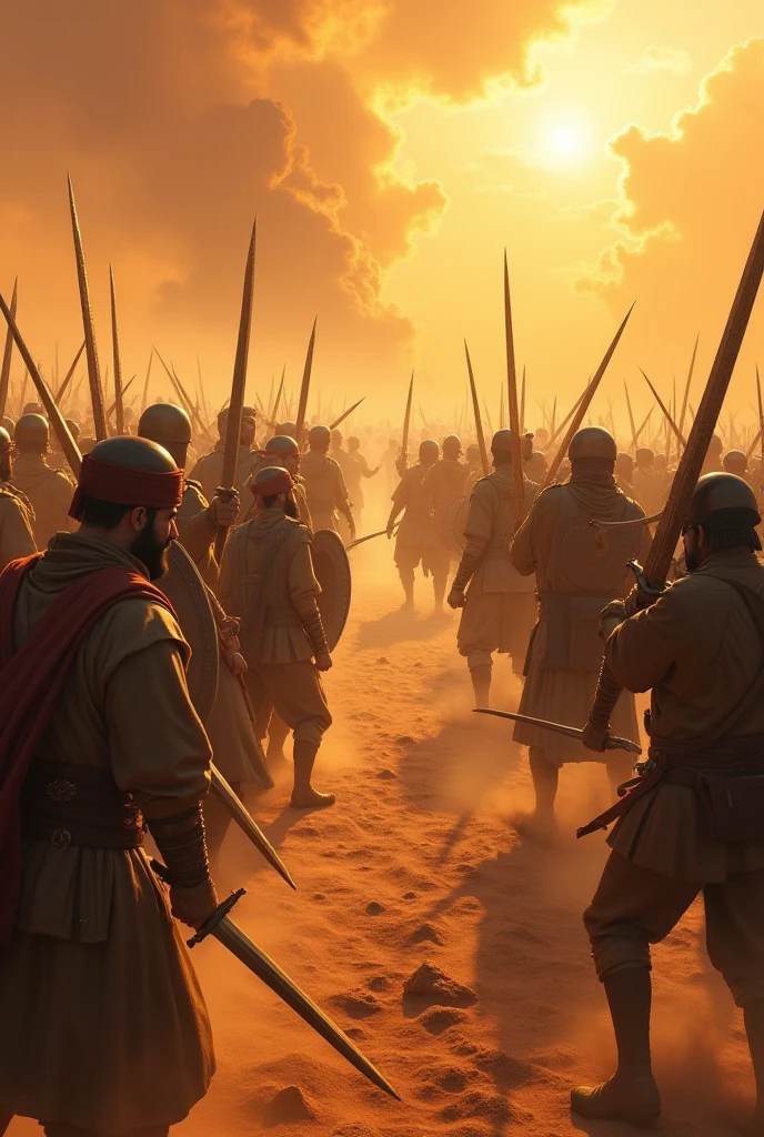 (masterpiece),best quality,image of pitched battle,Israelites,vs,Canaanites,wilderness,Old Testament,1600 BC,extremely detailed, dusty atmosphere, dynamism of battle, blood, metal,spear,shield,slashing,arrow,optimal illumination and shadow。