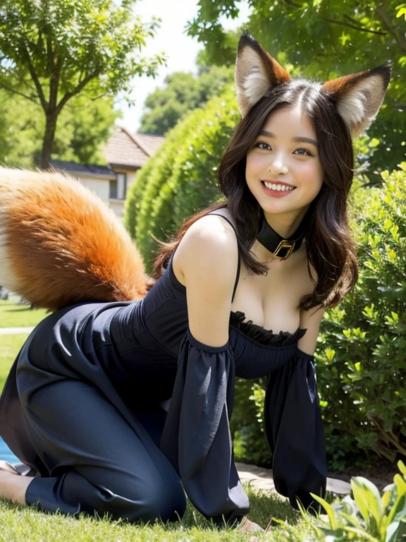 ((Highest quality, 32k)), ((masterpiece)), (Familiar), Perfect Face, Fox Girl, Pretty girl, Outdoor, model, Has one tail, She has a northern fox tail, She stretches out her fluffy tail, Beautiful hip line, Thick thighs, fur collar, A large tail sticks out, Get down on all fours, Waving his tail happily, She only has one tail,Smiling Kindly