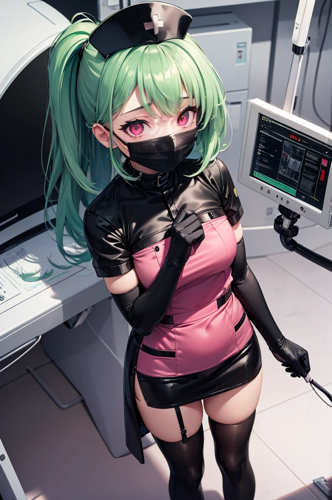 black nurse, 1 female, alone, black nurse cap, Black Wear, ((black legwear, zettai ryouiki)), black elbow gloves, amount, long hair, green hair, pink eyes, ((Black surgical mask, Covered nose)), Are standing, ((operating room)), sharp outline, short sleeve, mature woman, 35 years old, highest quality, masterpiece