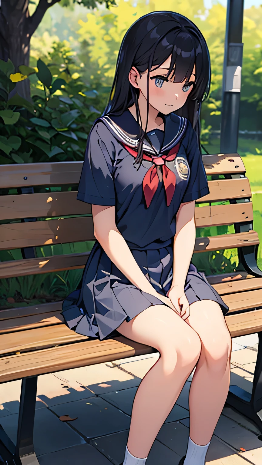 Beautiful CG illustration high school student summer girl sitting on a park bench short sleeve school uniform