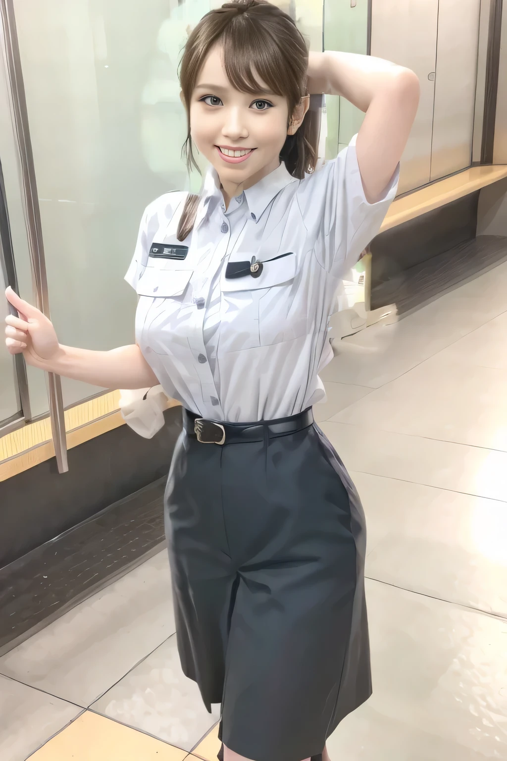 (Masterpiece:1.2,  best quality :1.2), 32kHDR,  High Resolution , (Alone、 1 girl)、（Rooftop of a building during the day、 professional lights ）、Building rooftop background、（ TOKYO SUBWAY WOMAN CREW UNIFORM REAL STYLE WOMAN CREW UNIFORM 6 ）、（TOKYO SUBWAY WOMAN CREW UNIFORM BLOUSE SHORT SLEEVE  、 Knee-length culottes skirt、Waist belt）、、 dark brown hair 、（ hair gathered、 hair bang）、 dark brown hair 、Long Hit、 Big Breasts、Thin legs、（（ amazing hands：2.0）），（（harmonious body proportions：1.5）），（（Normal limbs：2.0）），（（Usually refers to：2.0）），（（ Delicate Eyes：2.0）），（（Normal eyes：2.0））)、smile、（Tokyo Subway woman crew uniform Knee-length culottes skirtを見せた美しい立ち姿） 、Hands crossed underneath 
