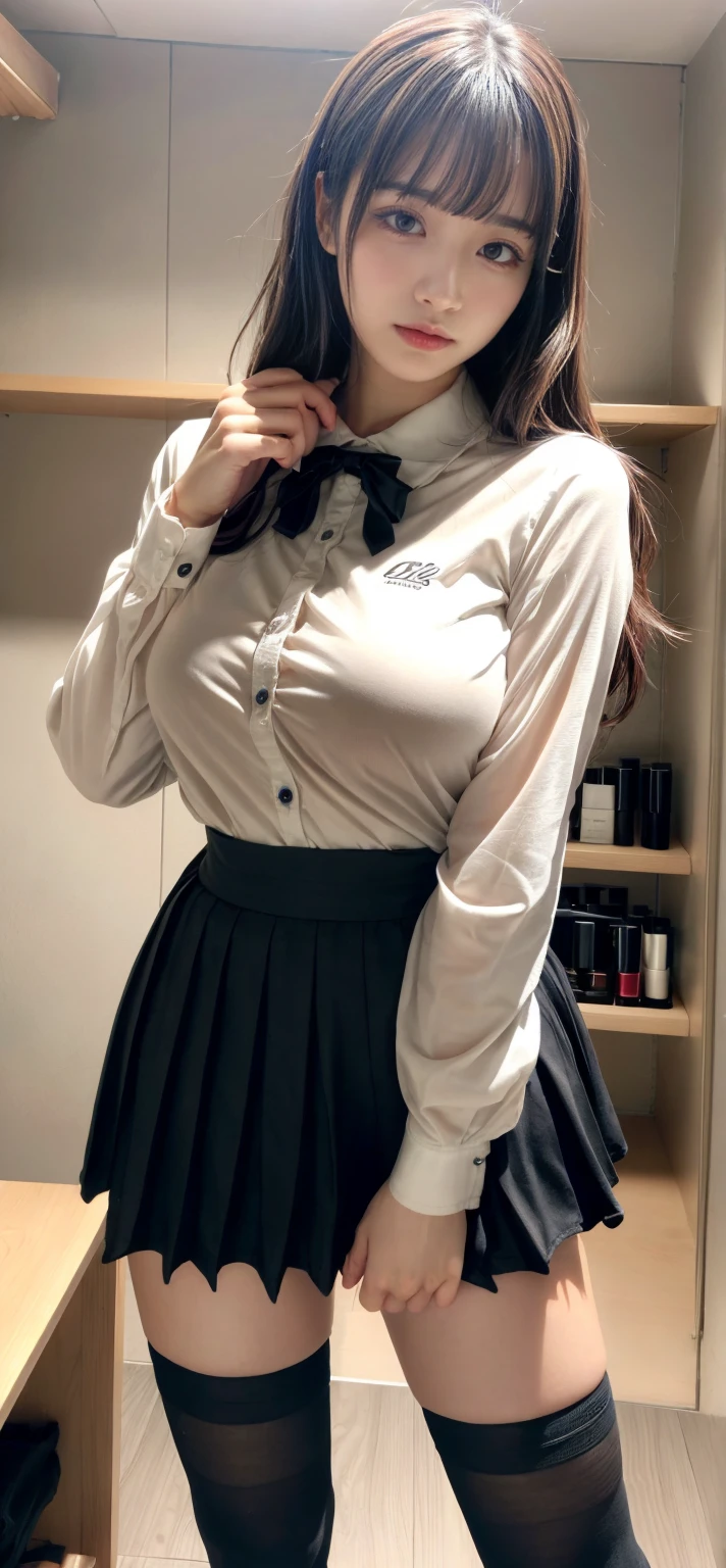 (masterpiece:1.2), Japanese, (16 years old), (a girl), (Collared shirt), (skirt), Thighs, (bow tie), room, tits,