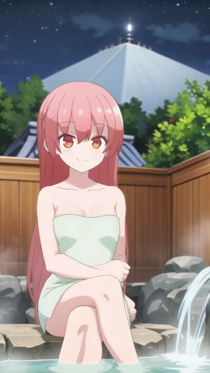 Tsukasa, 1girl, bathtub, partially submerged, solo, naked towel, towel, collarbone, blush, embarrassed, surprised, shocked, open mouth