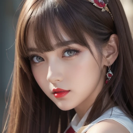 (Masterpiece),( best quality :1.0), ( ultra highres :1.0), Detailed illustration , 8k, Anime,  1 girl, beautiful Anime girl,  professional portrait photography of a , corolla,  pretty face,  detailed face ,  beautiful eyes,  detailed eyes, Crimson Eyes, Bright red lips, Red lipstick,  beautiful stylish hair,  Hair Highlights , bangs Anime style,  best quality ,  vibrant